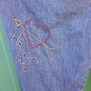 Junior's Embroidered Blue Jeans Size 11 Embellished Cherry Heart Love Flower Sun